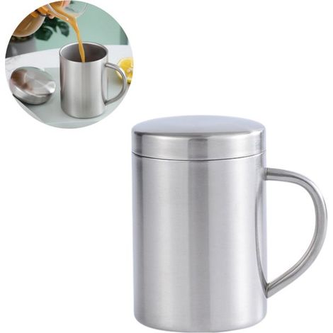 Tazza/brocca in acciaio inox, bicchiere in acciaio inox per uso domestico, a doppia parete e infrangibile, tazza da latte, tazza da caffè con coperchio, tazza termica per caffè (1/5)