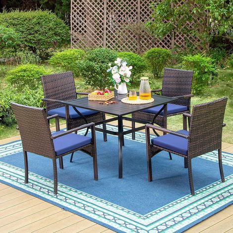 PHIVILLA Patio Furniture Metal Table and Rattan Chairs with Cushion Outdoor Balcony Garden Table and Chairs Garden Furniture Set All Weather (4+1) (1/5)