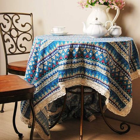 Nappe carrée bohème de 55 pouces, nappe de table décorative intérieure et extérieure en lin de coton vintage lavable avec dentelle, pour dîner, pique-nique, couleur marine (1/4)
