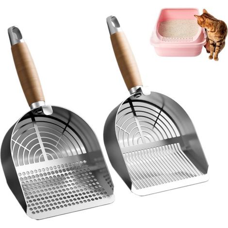 Pelle à litière pour chat - Pelle à litière en acier inoxydable avec crochet - 2 mailles - Creuse profonde et système de filtration rapide - Pelle à litière résistante - Maille rayée - Argent - 27 x 1 (1/5)