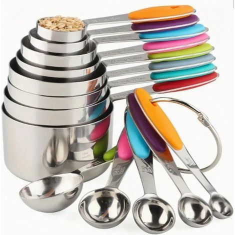 Set de 13 verres doseurs en acier inoxydable, 8 verres empilables, 5 cuillères doseuses pour ingrédients secs et liquides, poignée en silicone, accessoire de cuisine parfait pour la cuisson et la pâti (1/4)