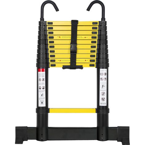 Randaco Schwarz-gelbe Aluminium-Teleskopleiter 3,2 m mit 2 Haken und Stabilisator, belastbar bis 150 kg