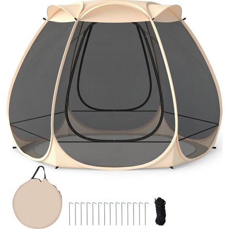 COSTWAY Pop Up Screen House 310X270CM for 4-6 People Sand Color Mesh Tent with Sunshade Carry Bag Garden Backyard Use (1/5)