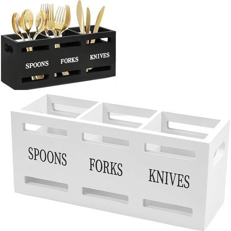 Cesta de madera para cubiertos – Almacenamiento elegante para tenedores, cucharas y cuchillos – Estilo etiqueta – Organizador de cocina (1/4)