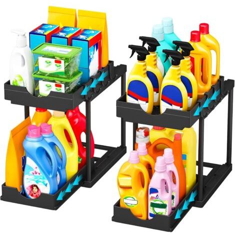 Lot de 2 rangements sous évier – Organiseur Coulissant sous évier à 2 Niveaux, étagère de Rangement sous évier, tiroir Coulissant pour Cuisine, Salle de Bain, Noir (1/4)