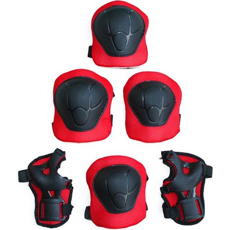 7-teiliges Schutzset für Kinder (Skateboard, Fahrrad) aus rotem PVC: Helm, Knieschoner, Ellbogenschoner und Handgelenkschützer. (1/3)