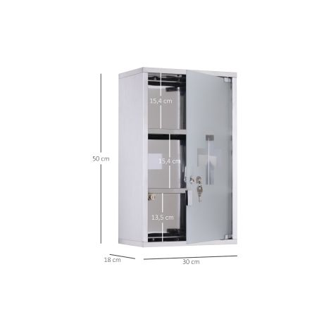 Armoire à pharmacie argentée en acier inoxydable 30 x 18 x 50 cm avec serrure pour salle de bain, bureau et atelier (1/5)