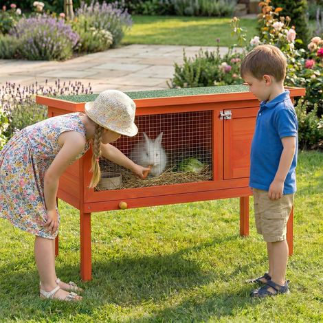 Clapier lapin extérieur bois toit ouvrant asphalte plateau coulissant 90x45x65 cm orange. Clapier pour lapins coloré avec toit asphalte, robuste et ludique. (1/5)
