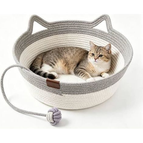 Panier rond pour chat avec griffoir et balle suspendue - Tissé à la main - Gris, taille L (1/4)