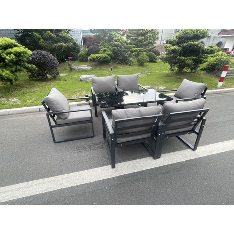 Fimous Aluminum Garden Furniture Dining Set Adjustable Rising Lifting Table And Chairs Patio Outdoor 6 Seat Black Tempered Glass Dark Grey (1/5)