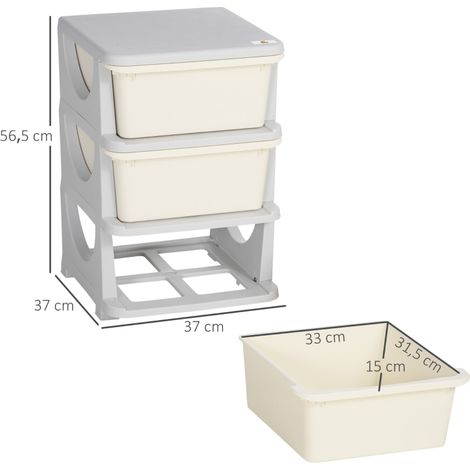 Coffre de rangement enfant 3 tiroirs spacieux, plastique robuste, coins sûrs, dimensions 37x37x56,5 cm, blanc cassé, solution d'organisation pratique (1/5)