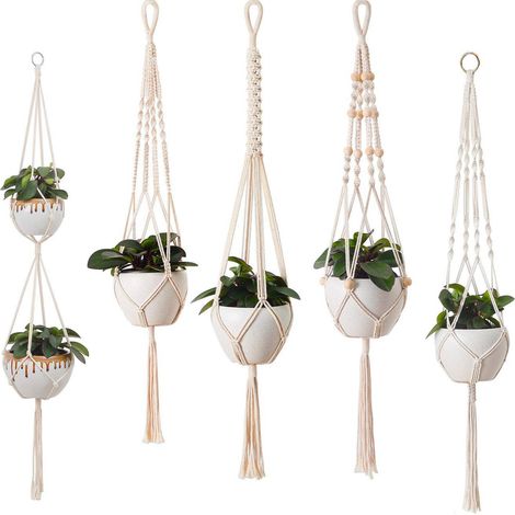 Panier Suspendu Macramé - Corde Coton Naturel 104 cm - Pour Pot Plante Ronde ou Carrée 5 à 25 cm - Intérieur Extérieur Balcon Mur - Lot de 5 (1/5)