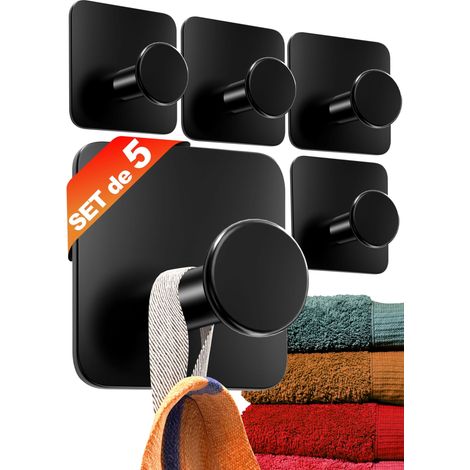 Accroche-Serviette Sans Perçage set de 5 - Porte serviettes de salle de bains Modernes Noir - Crochet adhésif mural en inox (1/5)