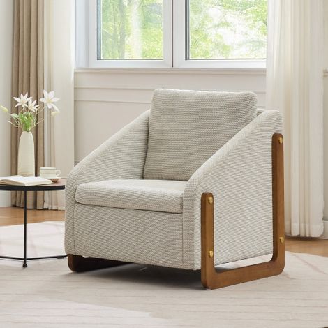 Sillón individual tapizado, sillón de salón con brazos y patas de madera, cojín de respaldo, tela chenilla, beige, 73,5x73,5x73,5 cm