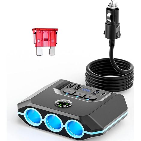 Cargador de coche 7 en 1 para encendedor de cigarrillos, 120 W, 3 tomas de 12 V/24 V y 4 puertos USB para iPhone 16, cámara de salpicadero, GPS y iPad.