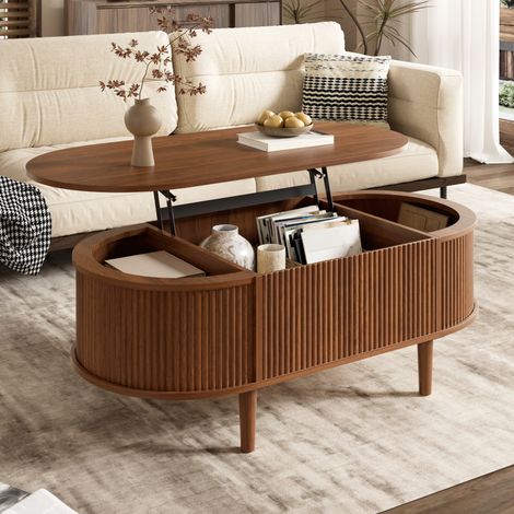 Table basse ovale relevable avec rangement, MDF, couleur noyer (1/5)