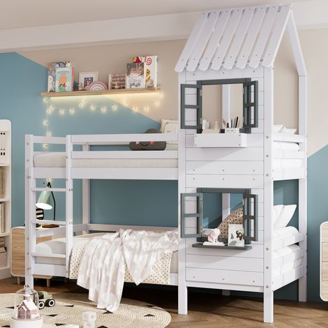 Lit superposé 90x200 maison, fenêtres, pin blanc HAVRYA (1/5)