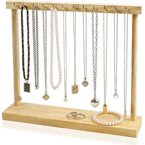 Sollbry Support à bijoux en bois,Rangement Support pour colliers à bijoux,Avec 12 crochets,adapté pour la maison, la chambre ou la coiffeuse (couleur bois) (1/5)