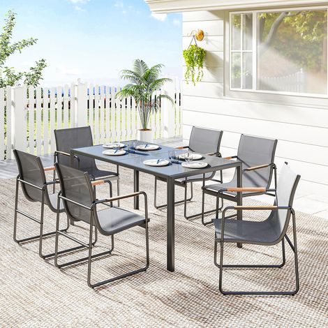 7-teiliges Gartenmöbel-Set für 6 Personen, Glastisch und Netzstühle mit dekorativen Armlehnen, Grau