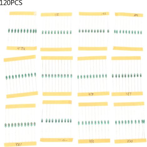 Ensemble de 120 résistances 1/4W à bagues colorées, 12 valeurs pour circuits électroniques et projets DIY (1/5)