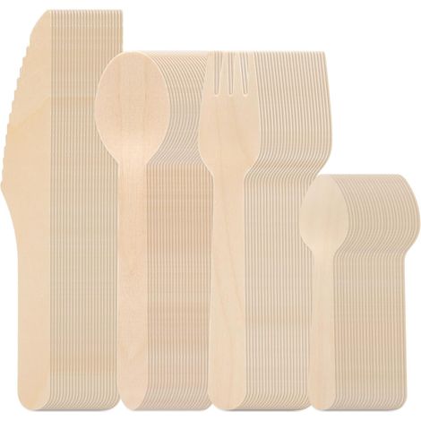Couverts en bois jetables 200 pièces – Ensemble de 4 types : couteaux, fourchettes, cuillères, petites cuillères – Couverts écologiques biodégradables sans plastique pour pique-nique, fête, mariage (1/5)