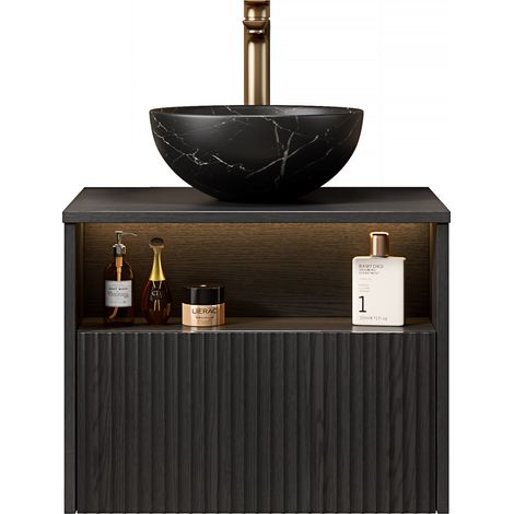 Meuble vasque suspendu 60 cm pour salle de bain avec vasque en céramique noire, tiroir et étagère, éclairage LED à capteur, meuble préassemblé - CHICFURN (1/5)