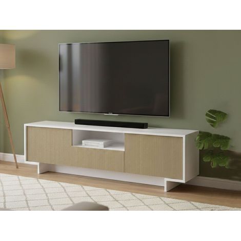 Dmora - Mobile Porta TV Andromeda, Supporto per TV da salotto, Credenza bassa da soggiorno a 2 ante e 1 cassetto, 100% Made in Italy, 170x42h48 cm, Bianco e Beige, con imballo rinforzato (1/5)
