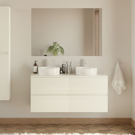 Meuble de salle de bain 120cm avec plateau et 2 vasques à poser rondes - 4 tiroirs - blanc brillant - IDA (1/5)