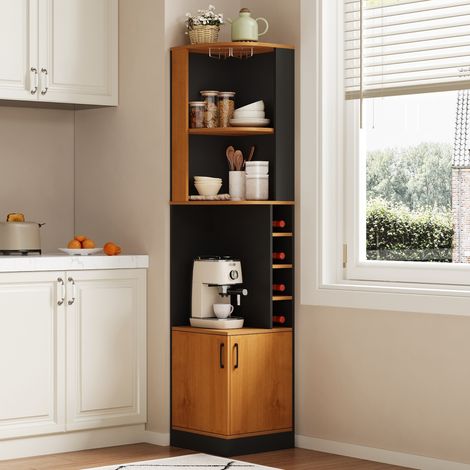 Meuble à vin d'angle 40×40×182cm avec casier à verres, système de rangement d'angle haut pour la cuisine, avec casier à bouteilles et portes, autoportant, comptoir bar peu encombrant, convient pour la (1/5)