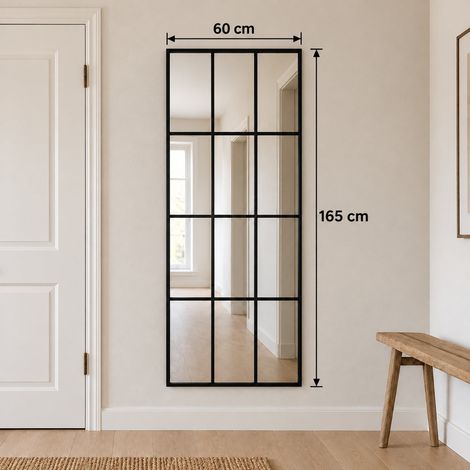 LunaMirror Hugo Fensterspiegel 165 x 60 cm, rechteckig mit dekorativen Sprossen, Aluminiumrahmen Schwarz