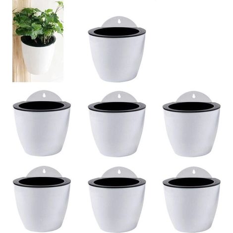 Lot de 7 jardinières suspendues en plastique blanc avec système d'arrosage automatique Conception à double couche Jardinières d'intérieur et d'extérieur Décoration murale de fenêtre 13 cm (1/4)