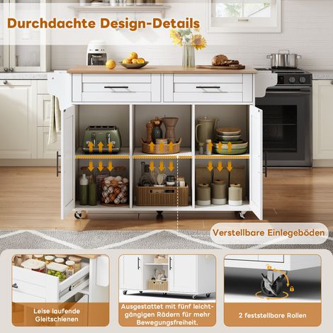 Îlot de cuisine mobile multifonctionnel plan de travail pliable étagères réglables 5 roulettes tiroir à couverts dissimulé 145 x 45 x 94,5 cm