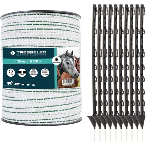 Kit Clôture Électrique Complet Ruban ZZ 20 mm 200 m 10 Piquets Plastique 87 cm Conductivité Pour Chevaux Bovins Moutons Chèvres (1/5)
