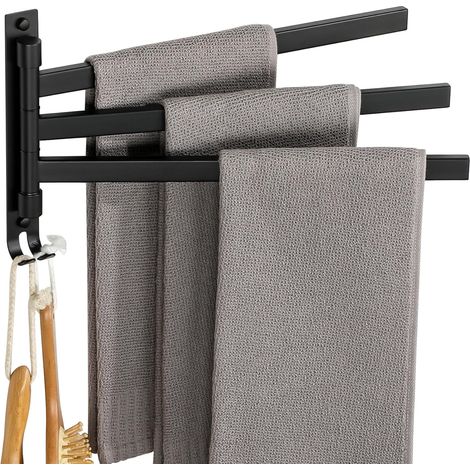SAYAYO Porte Serviette avec 3 Barres 180° Rotatives, Support Sèche-Serviettes Mural en Acier Inoxydable SUS304, Idéal pour Salle de Bain et Cuisine, Noir Mat Montage par Vis, EGKN2520HD-3-B