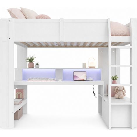 Lit mezzanine 90 x 200 blanc avec bureau, tiroir, étagères et LED 16 couleurs, gain de place pour chambre d'enfant, structure bois de pin et MDF - CHICFURN (1/5)