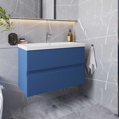 Hudson Reed Urban Wall Hung 2-Drawer Vanity Unit with Basin 2 Satin Blue - 800mm Wide (1/5)