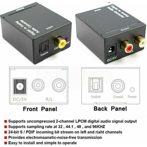 Adaptateur convertisseur audio numérique fibre-coaxial vers analogique RCA L/R avec cable à fibre optique (1/5)