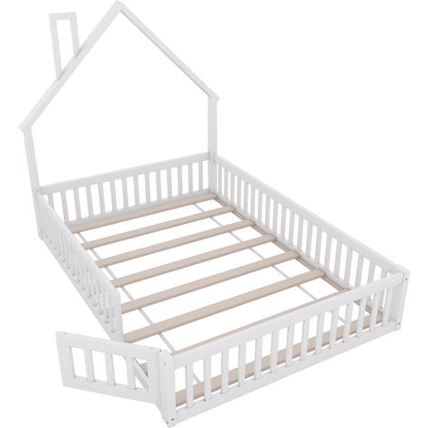 Lit cabane enfant 140 x 200 cm avec barrières, pin et MDF, blanc, sommier à lattes, sans matelas (1/5)