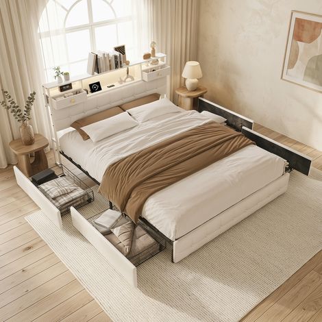 Letto con cassetti 160x200 cm in velluto, letto matrimoniale imbottito, 4 cassetti laterali + 2 cassetti nella testiera, illuminazione LED e porta USB, rete a doghe in legno - Beige