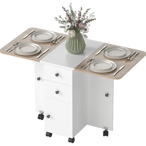 Table de cuisine pliable table à manger pliante 2 plateaux rabattables avec 2 tiroirs 1 placard blanc et chêne
