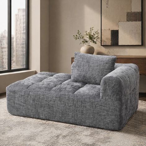 Chaiselongue-Sofa aus grauem Chenille mit Kissen und Seitentaschen HAVRYA (1/5)
