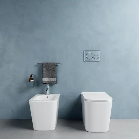 Coppia di Sanitari Filomuro in Ceramica Rimless Bianco Lucido Vaso Bidet e Copriwc Soft-close Mod. Londra (1/5)