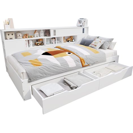 Lit banquette enfant 90 x 200 cm avec 2 tiroirs, rangements muraux et étagères réglables, blanc, meuble gain de place - CHICFURN (1/5)