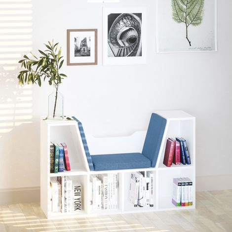 Bibliothèque 102x30x61cm Blanc bleu avec siège avec coussin de 6 cubes pour salon Chambre et