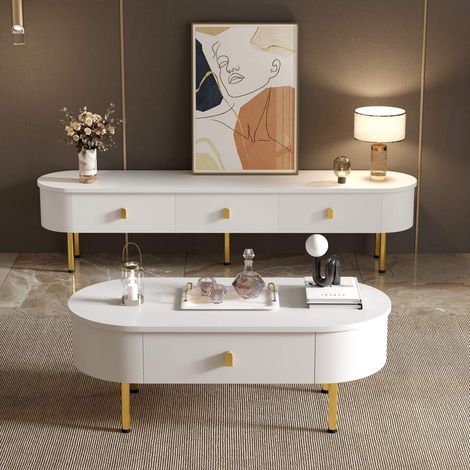 Meuble TV 174 cm blanc, 3 tiroirs, poignées et pieds dorés, angles arrondis, meuble bas moderne avec rangement (1/5)
