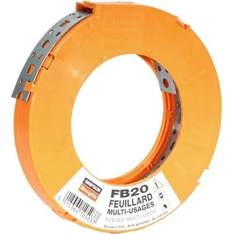 Simpson Strong Tie – Feuillard 20 mm FB20 – Acier galvanisé S250GD – Longueur 10 mètres – Perçages ronds 4/7 mm – Antiflambement charpentes bois (1/10)
