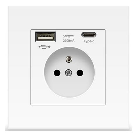 (1 prise) murale blanche avec USB et Type C, prise de courant en verre, 2100mA, 5v (1/4)