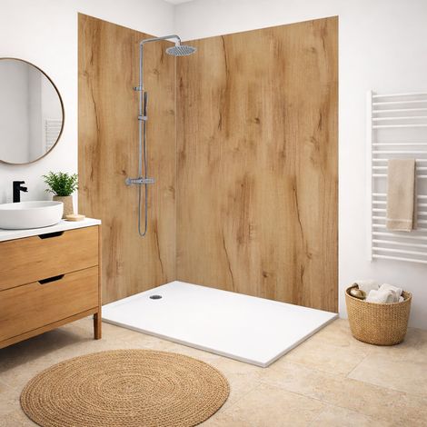 Lot de 2 panneaux de douche en PVC (90x220 & 120x220 cm) + profilés blanc - Chêne Clair - Effet bois marron (1/5)