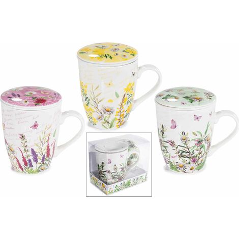 Tazze tisaniera con filtro in porcellana e stampa fiori in confezione regalo, set da 3 pezzi, Tazza: Ø 8,5 cm x 11 H