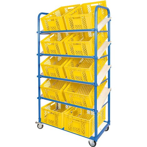 BRB Schrägboden-Regalwagen mit 5 Ebenen, bestückt mit 10 Euroboxen durchbrochen 600x400x240 mm gelb